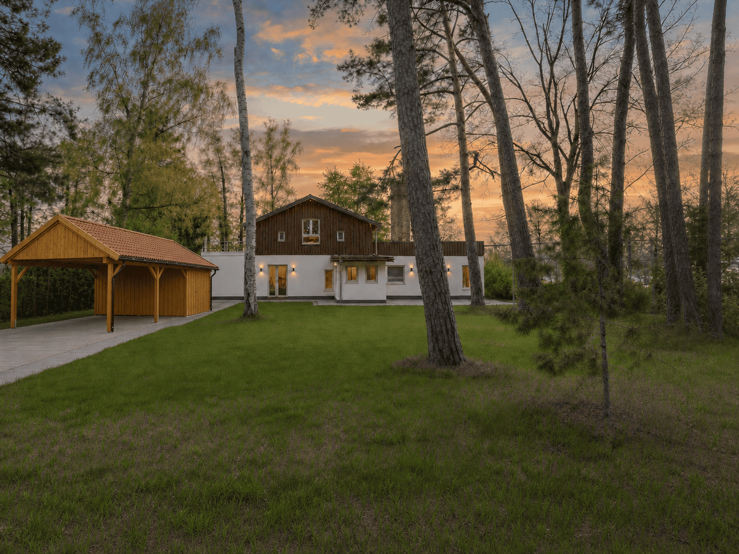 Hausansicht mit Vorgarten, Carport und Sonnenuntergang
