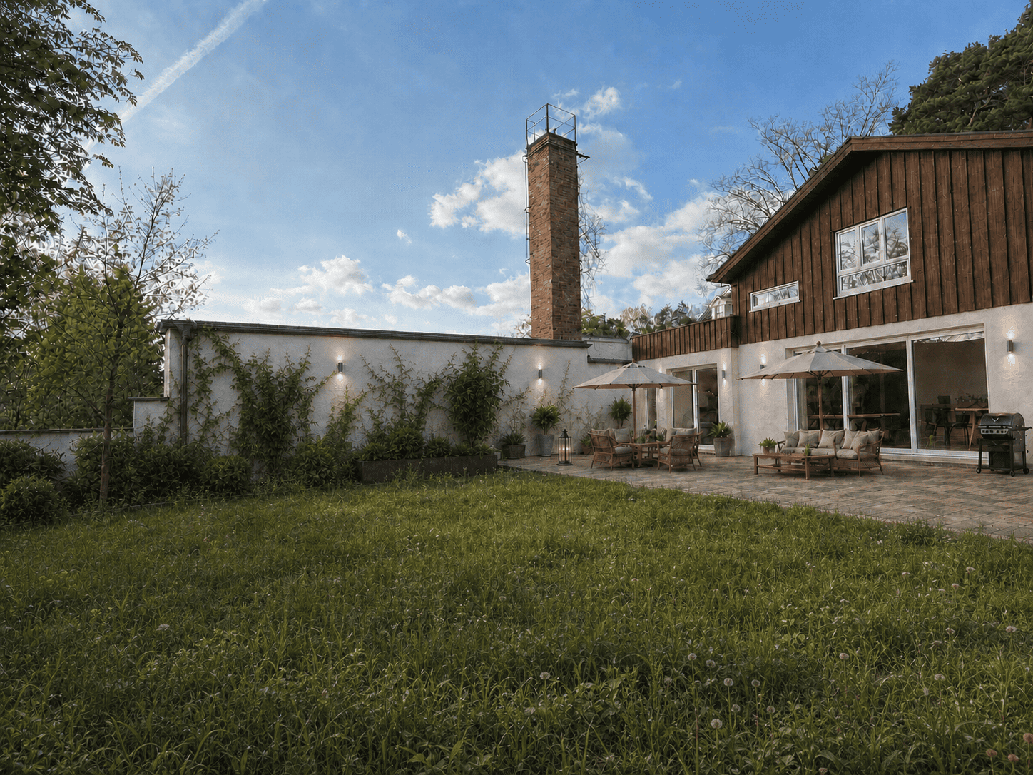 Seitlicher Außenbereich mit Terrasse, naturbelassener Wiese und Kletterpflanzen