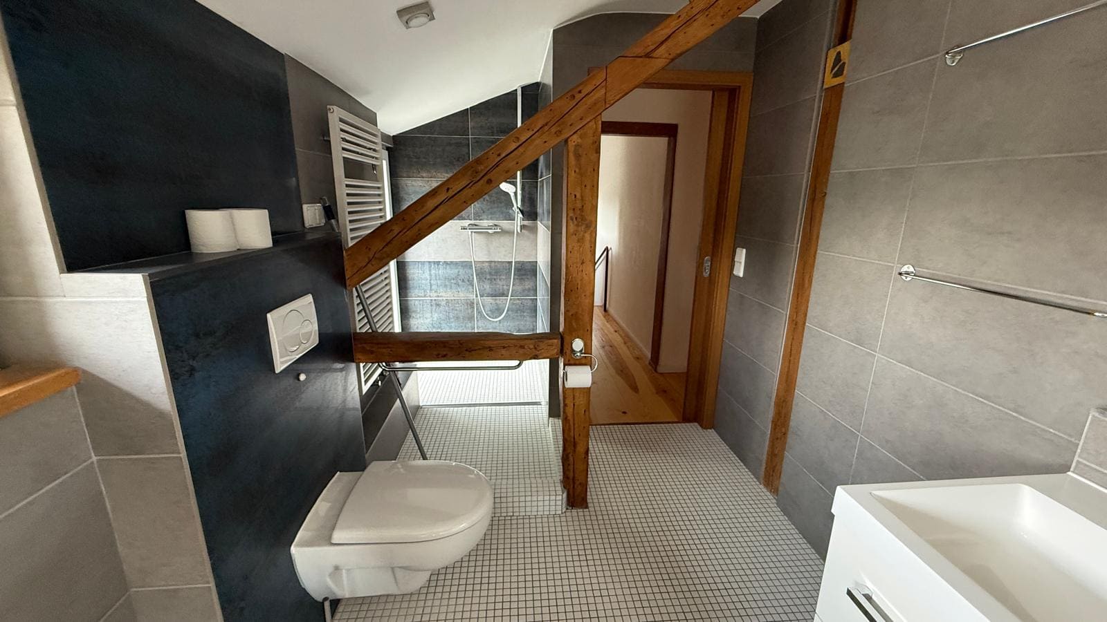 Badezimmer mit bodengleicher Dusche, Badewanne und grauen Fliesen